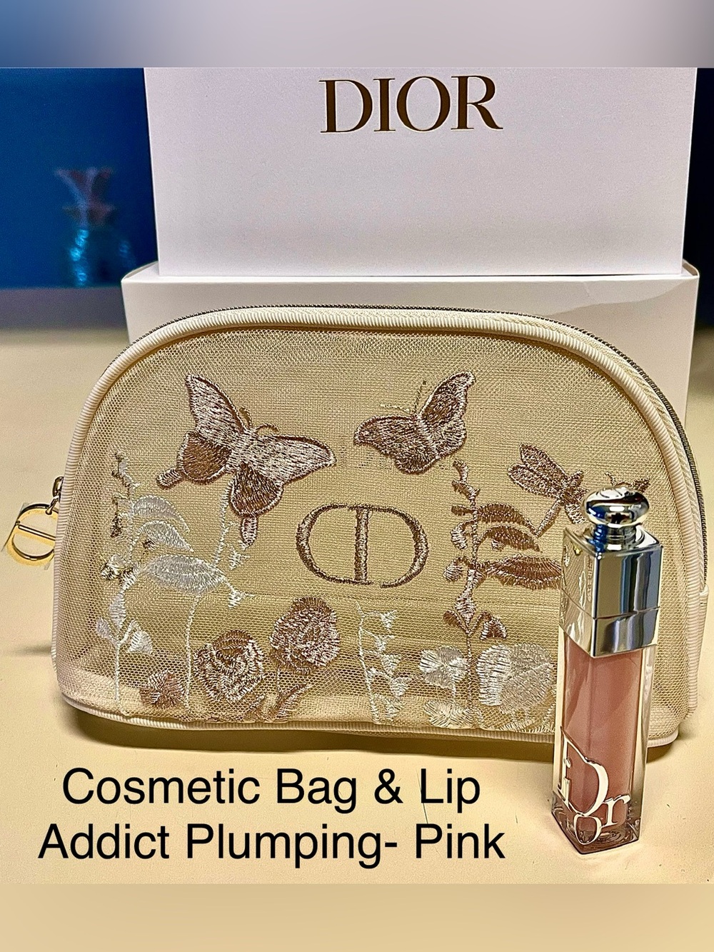 Dior 2Pc Lip Addict Maximizer & Cosmetic Bag Cream Floral &Butterfly Embroidered